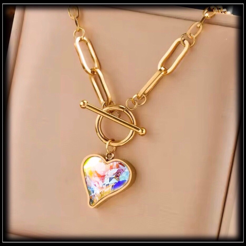 New 14k Gold Steel Crystal Heart Borealis Prism Minimalist Paperclip Necklace